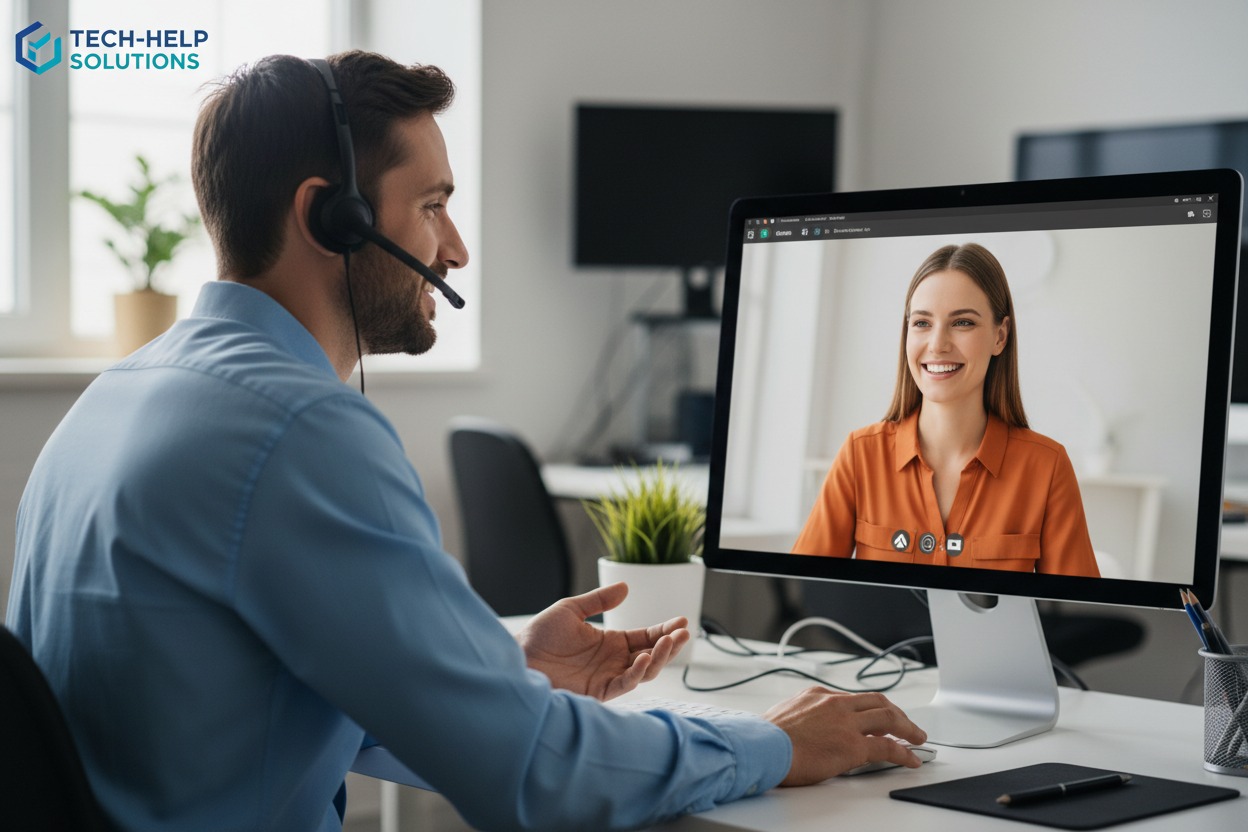 Un représentant du service à la clientèle portant un casque d'écoute discute en visioconférence avec une cliente souriante sur son écran d'ordinateur.